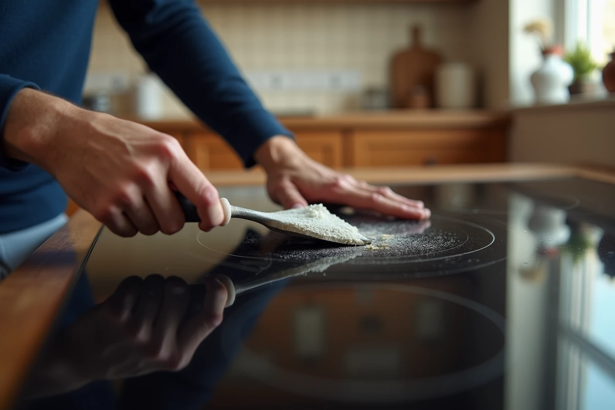 Gros plan d'un grattoir plat retirant des résidus alimentaires séchés sur une plaque vitrocéramique