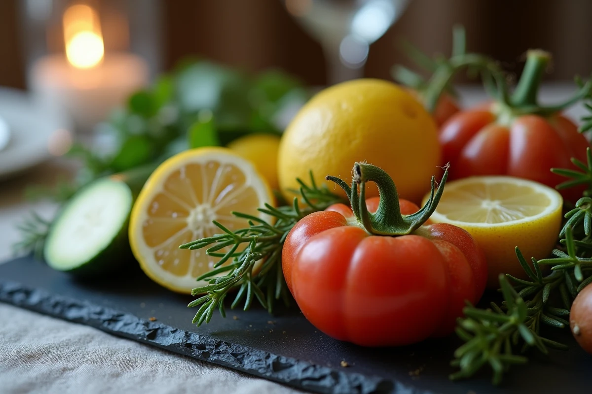 Gros plan sur des fruits et légumes en Z présentés sur une ardoise pour un repas thématique élaboré