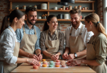 Les cours de cuisine insolites à découvrir à Paris Groupe d adultes préparant des macarons dans une cuisine parisienne