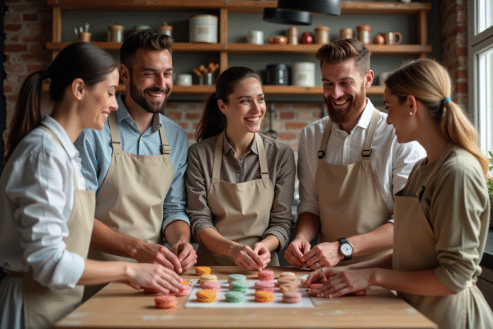 groupe-cuisine-macarons-paris Groupe d adultes préparant des macarons dans une cuisine parisienne
