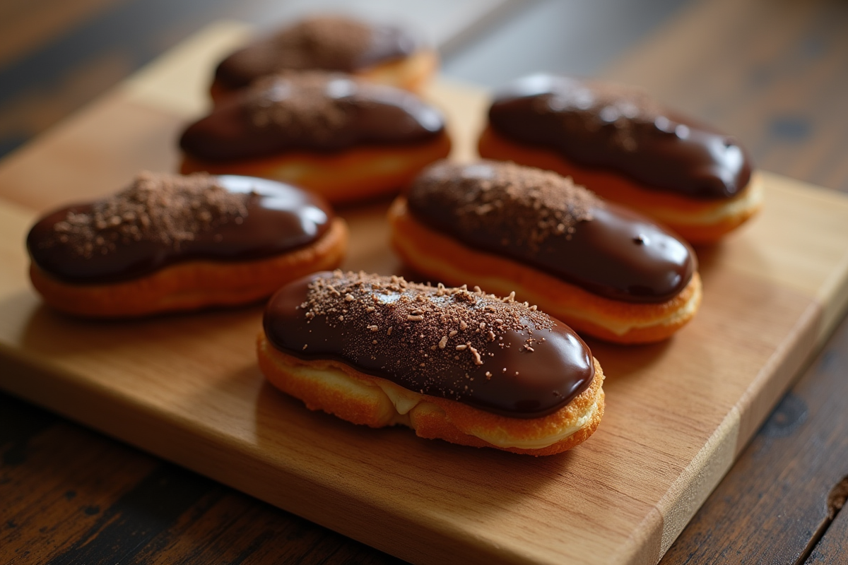Plusieurs éclairs au chocolat sur table en vue de dessus