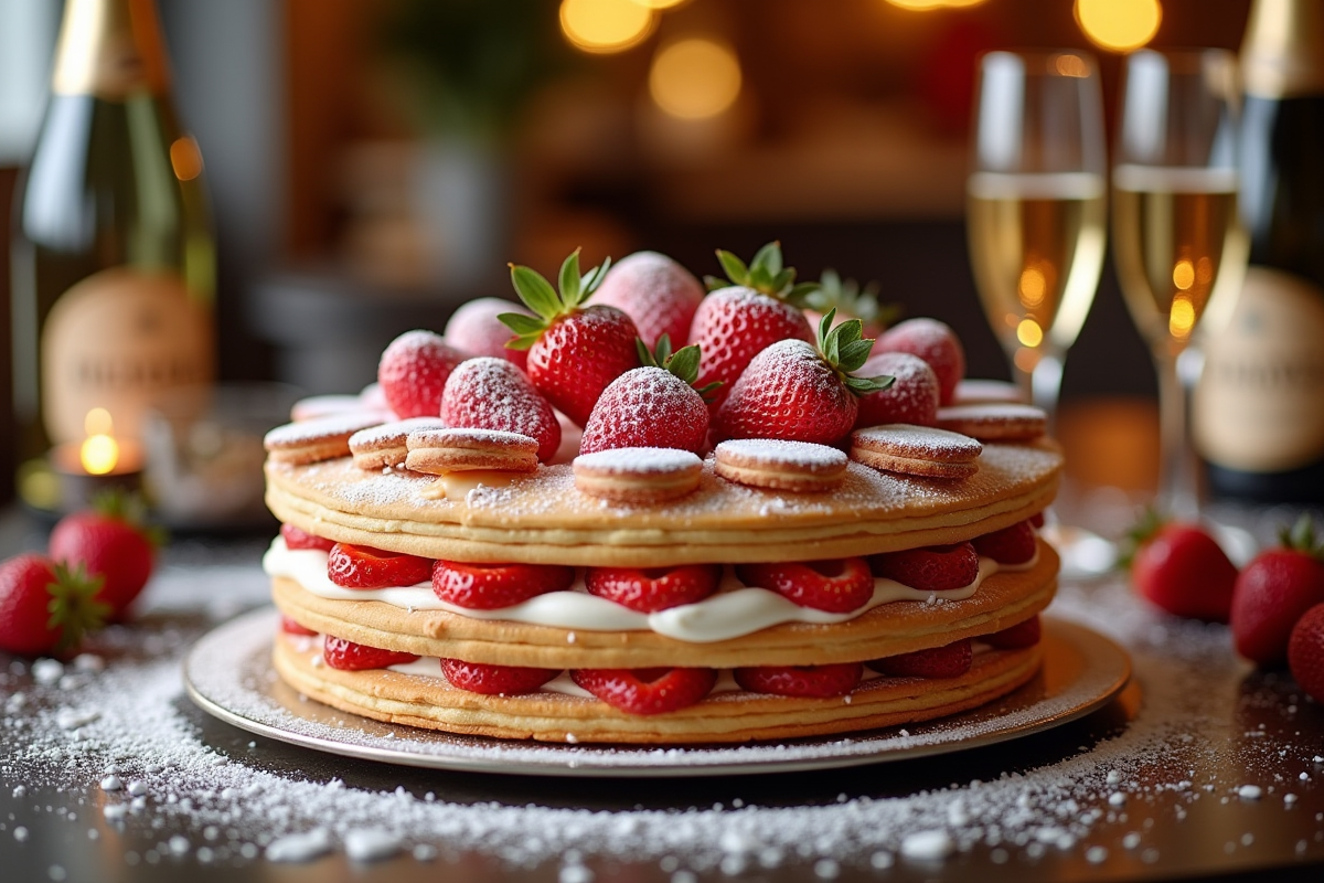 Gâteau aux biscuits roses décoré de fraises et champagne
