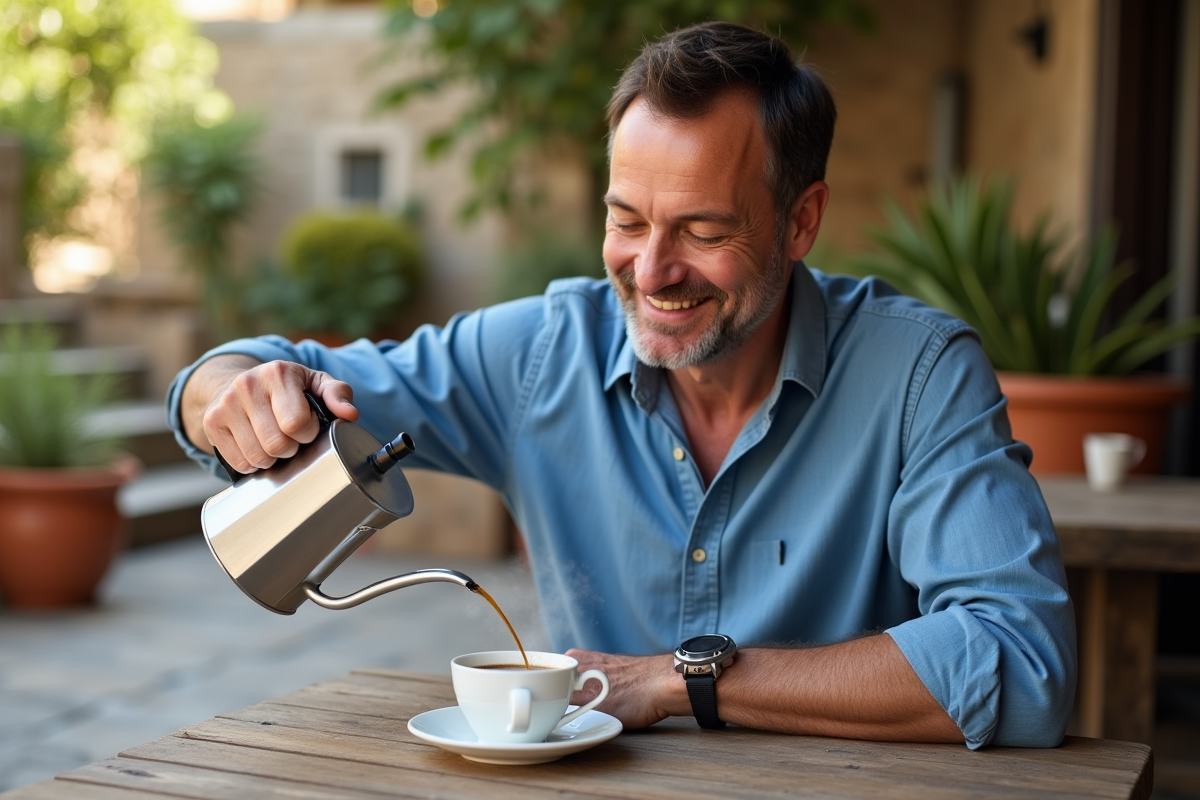 Homme versant espresso dans une tasse en extérieur