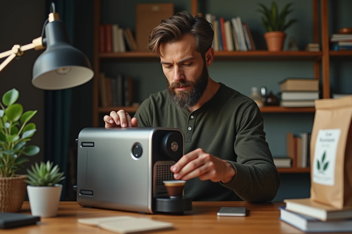 Homme insérant une capsule de café compostable compatible Nespresso dans une machine à café dans un bureau à domicile moderne