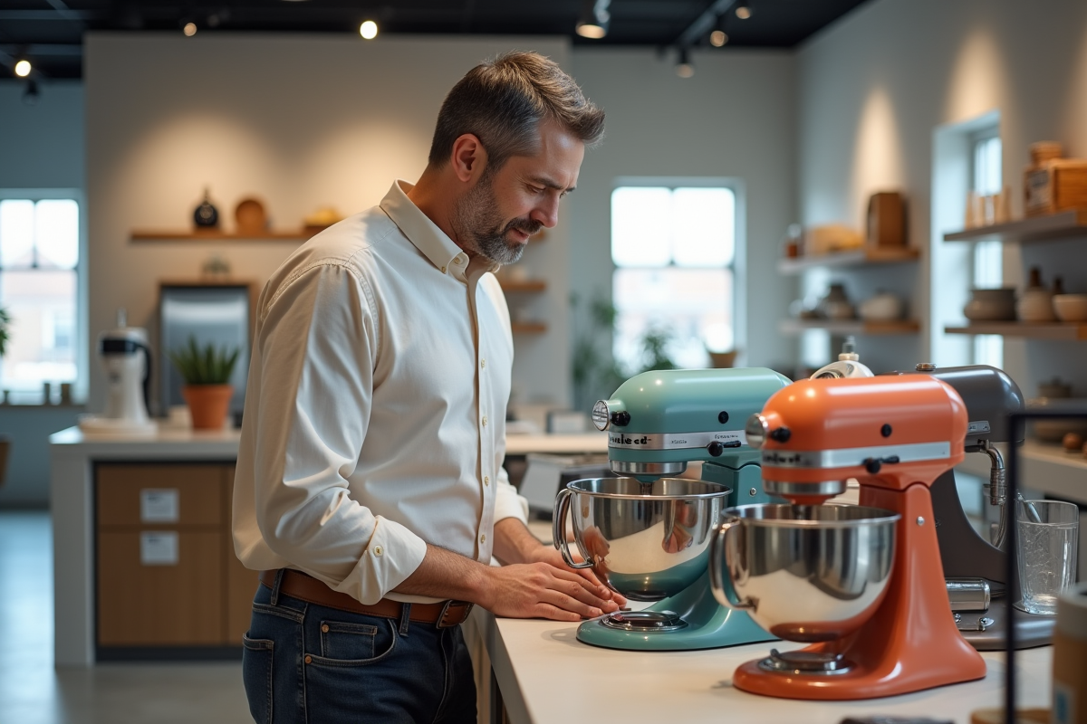 Homme comparant plusieurs mixeurs dans un magasin d