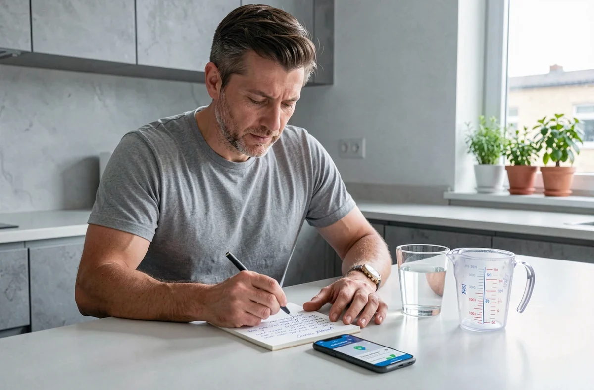 Homme consultant un tableau de conversion grammes centilitres sur un bloc-notes à côté d'un verre doseur transparent dans une cuisine moderne