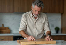 Homme d'âge moyen examinant une planche en bois sèche dans la cuisine