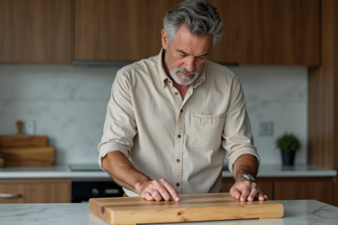 Homme d'âge moyen examinant une planche en bois sèche dans la cuisine