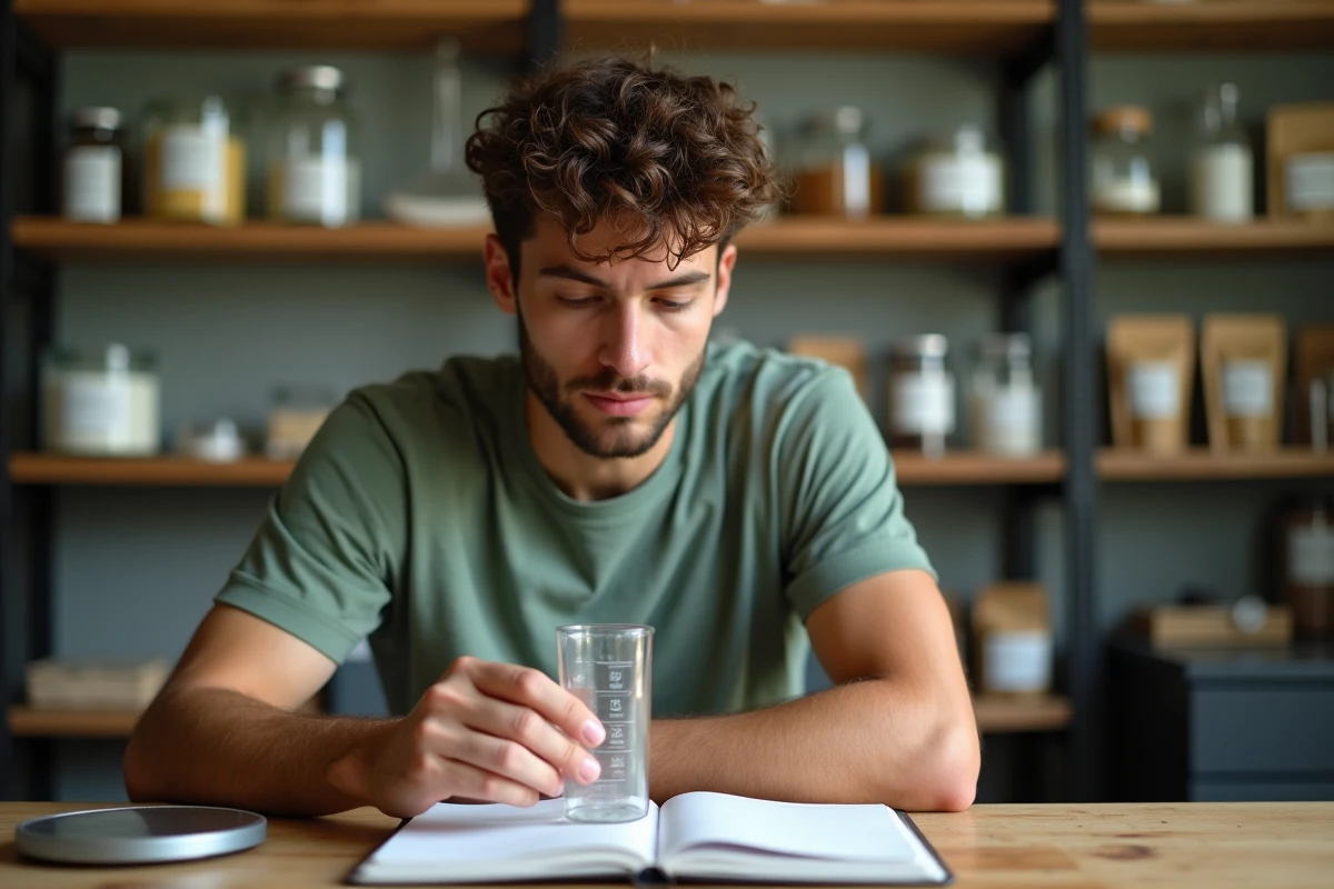 Homme vérifiant les graduations en millilitres et centilitres d'un verre doseur pour réaliser des cosmétiques maison à son bureau