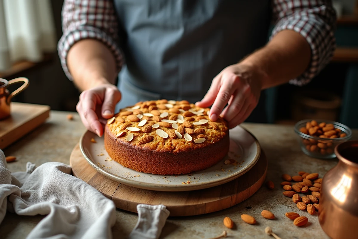 Homme place des amandes sur un gâteau aux amandes