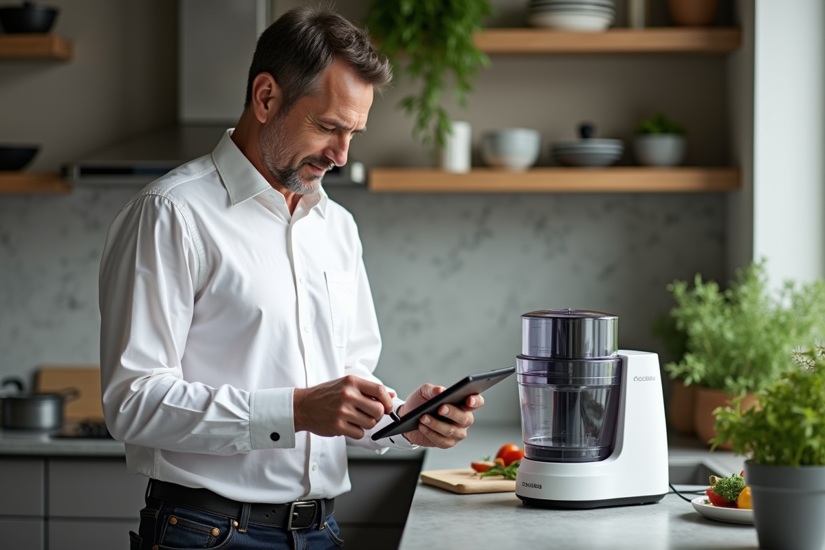 Homme lit une recette sur tablette près d un robot de cuisine