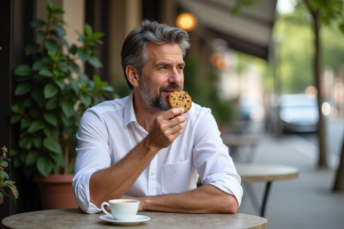 Homme savourant un cookie sans gluten en terrasse urbaine