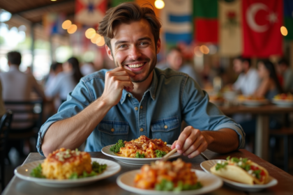 Jeune homme souriant dégustant un plat international dans un marché