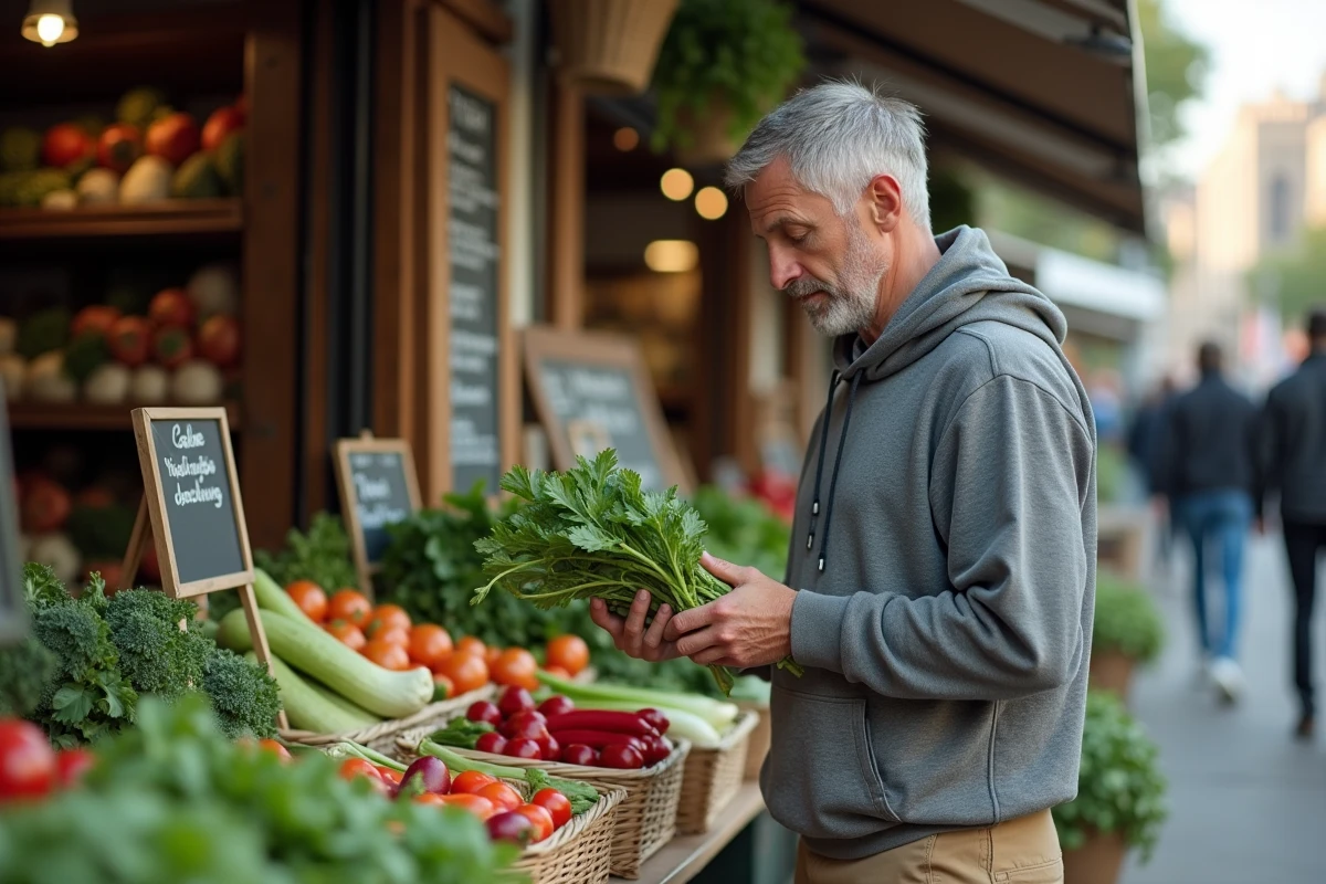 Homme achetant des légumes frais au marché bio en plein air