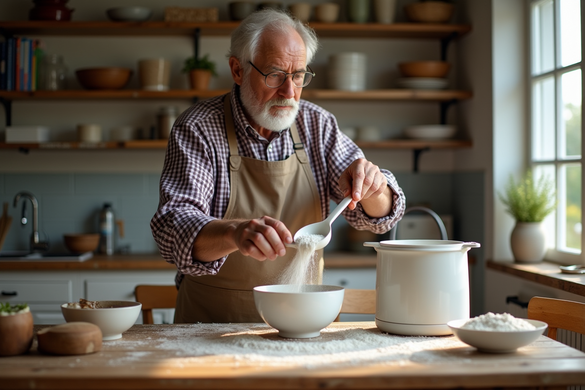 Homme âgé mesurant la farine dans un bol en cuisine rustique