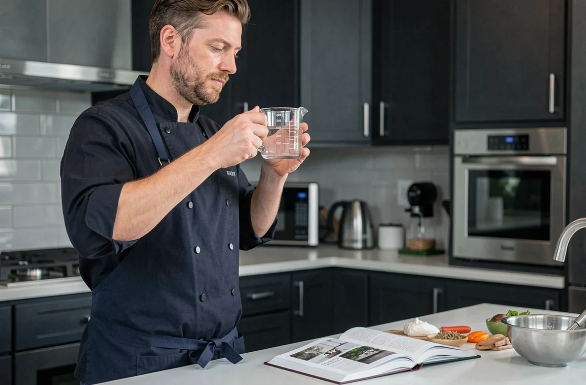 Homme tenant un verre gradué en centilitres à hauteur des yeux dans une cuisine moderne pour mesurer une recette en grammes