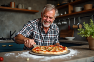 Homme d'âge moyen préparant une pizza maison dans la cuisine