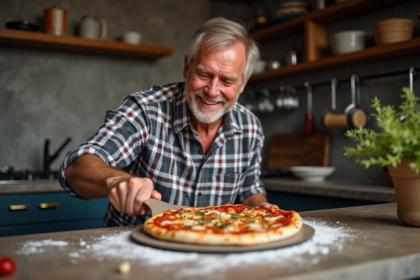 Homme d'âge moyen préparant une pizza maison dans la cuisine