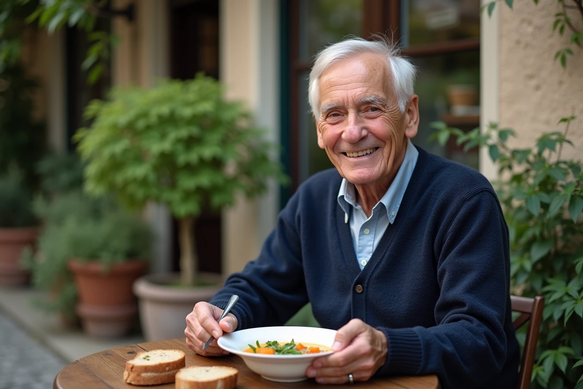Homme âgé dégustant une soupe dans un café extérieur