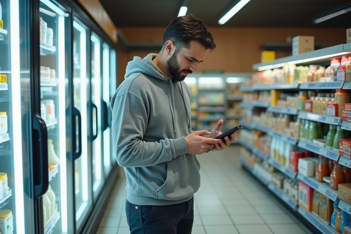 Homme consultant son téléphone devant un rayon réfrigéré d'un magasin anti-gaspi avec des étiquettes de réduction jaunes