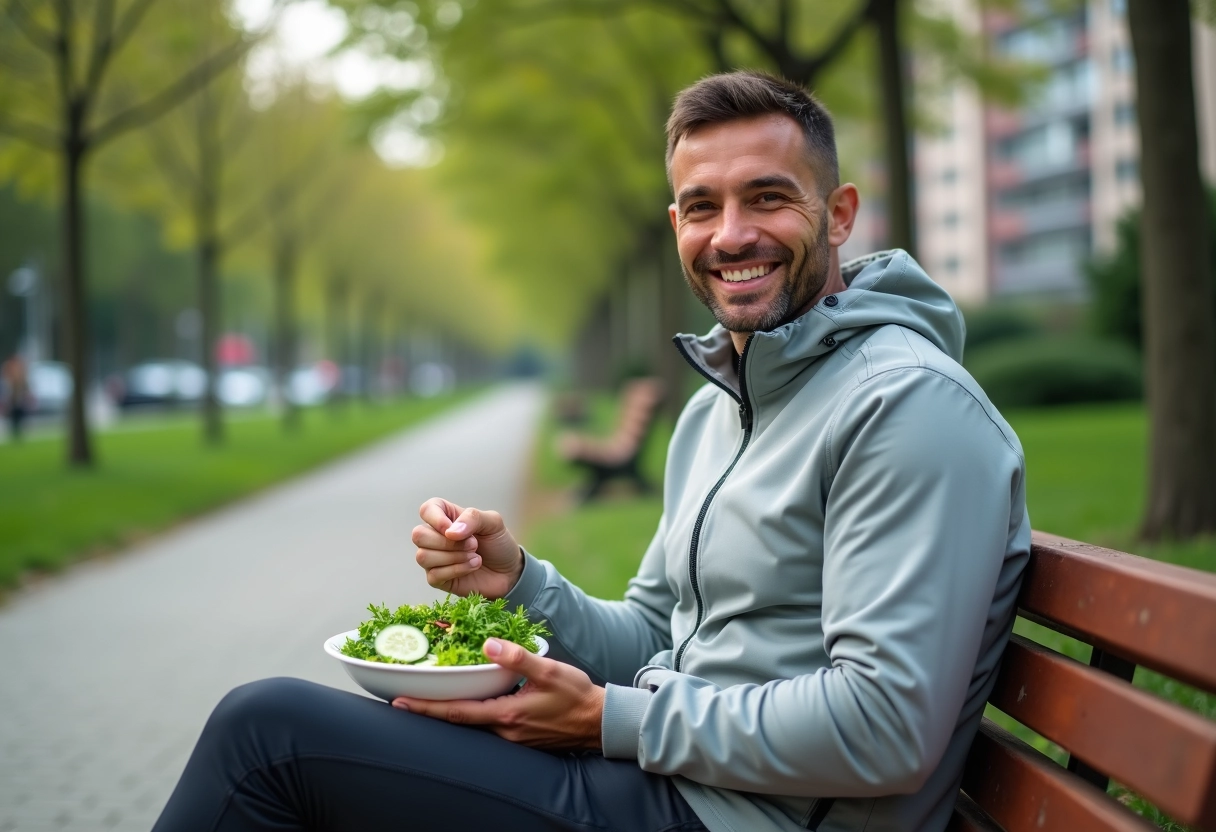 Homme sportif mangeant une salade en plein air dans un parc