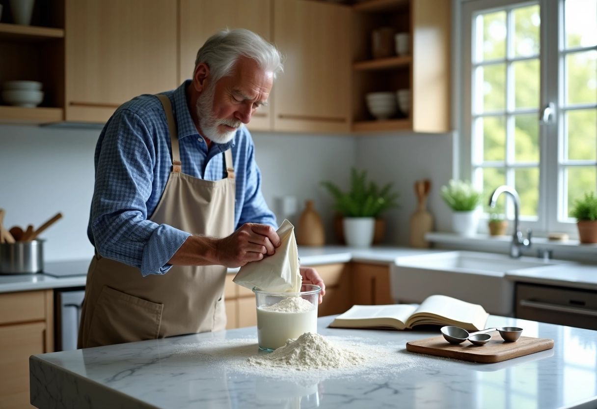 Homme âgé verse de la farine sur un plan de travail en cuisine