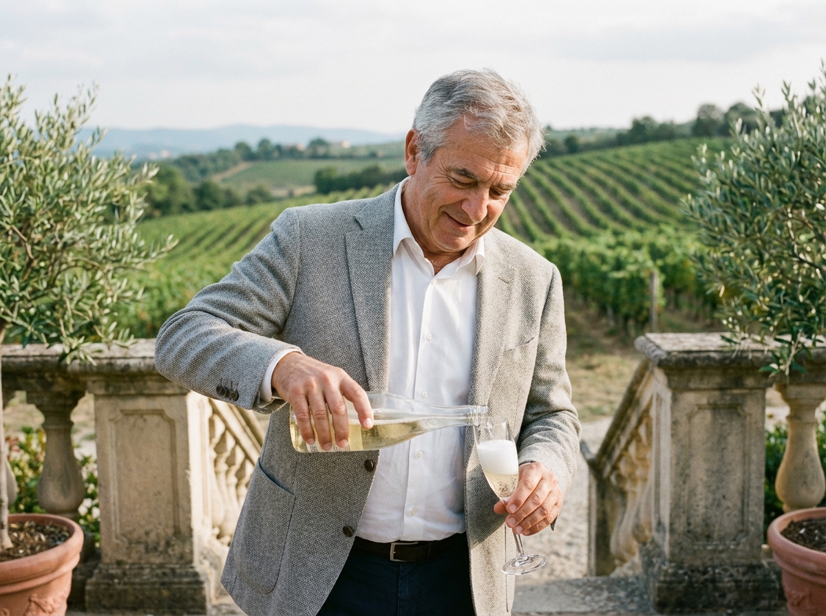 Homme versant du champagne dans un verre au milieu d