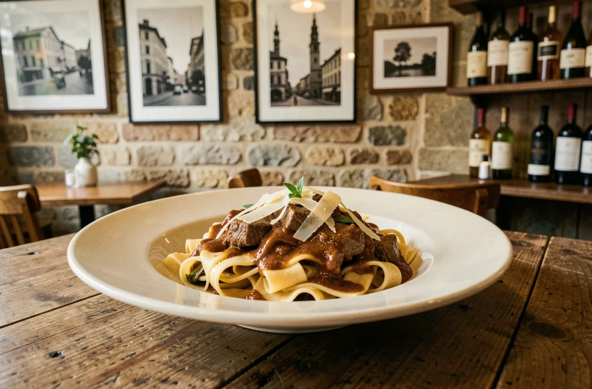 Assiette de tagliatelles au ragù de veau maison du restaurant Il Visconti à Clermont-Ferrand, dressée sur table en bois rustique