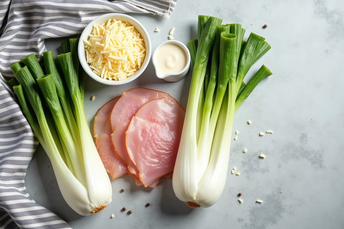 Vue de dessus des ingrédients des endives au jambon : endives fraîches, jambon, gruyère râpé et béchamel sur surface en pierre grise