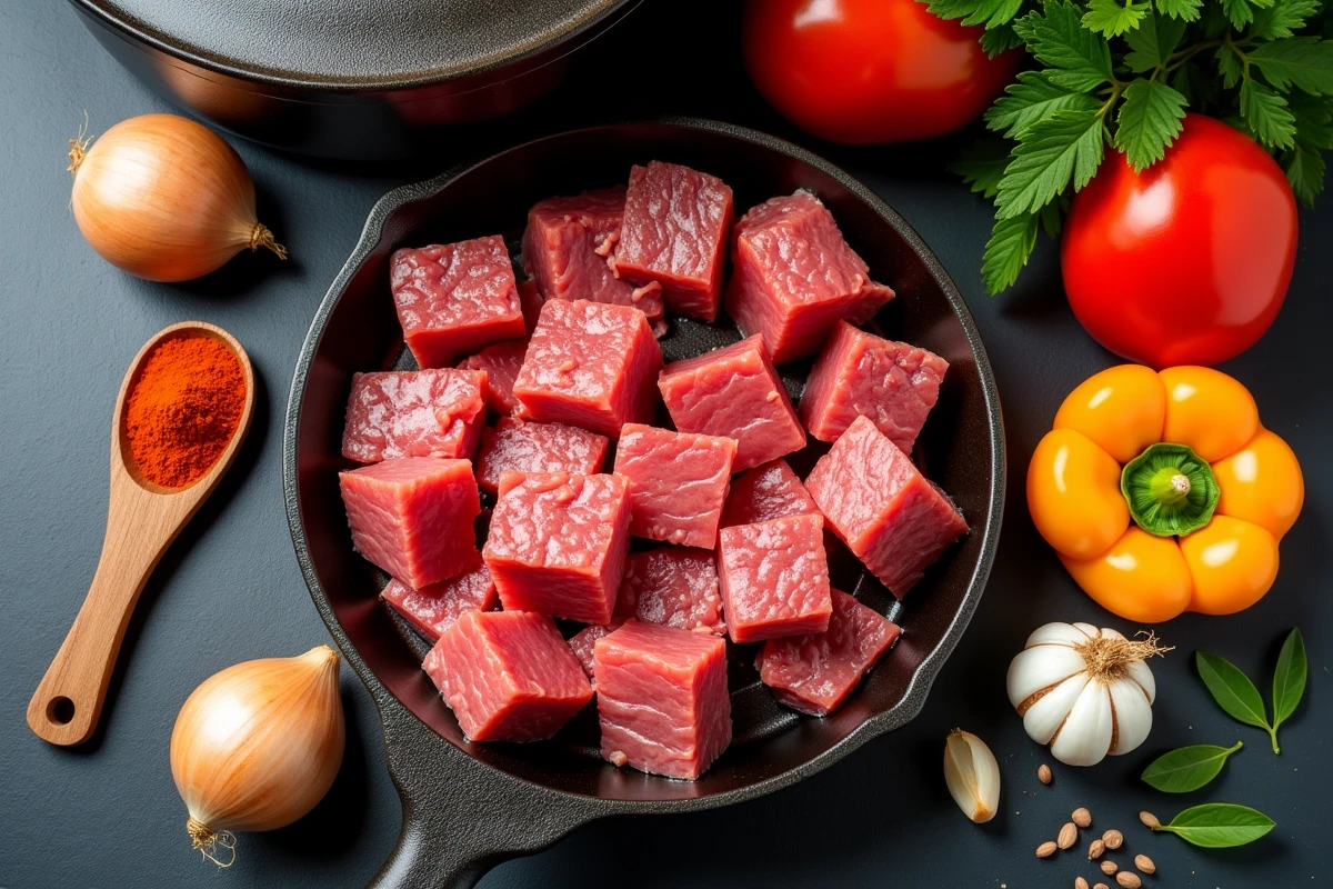 Ingrédients frais pour goulash hongrois au bœuf disposés sur ardoise : viande de bœuf, paprika, poivrons et oignons
