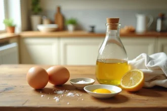 Ingrédients pour une mayonnaise maison disposés sur un plan de travail en bois : œufs frais, huile de tournesol, moutarde de Dijon, citron et sel de mer