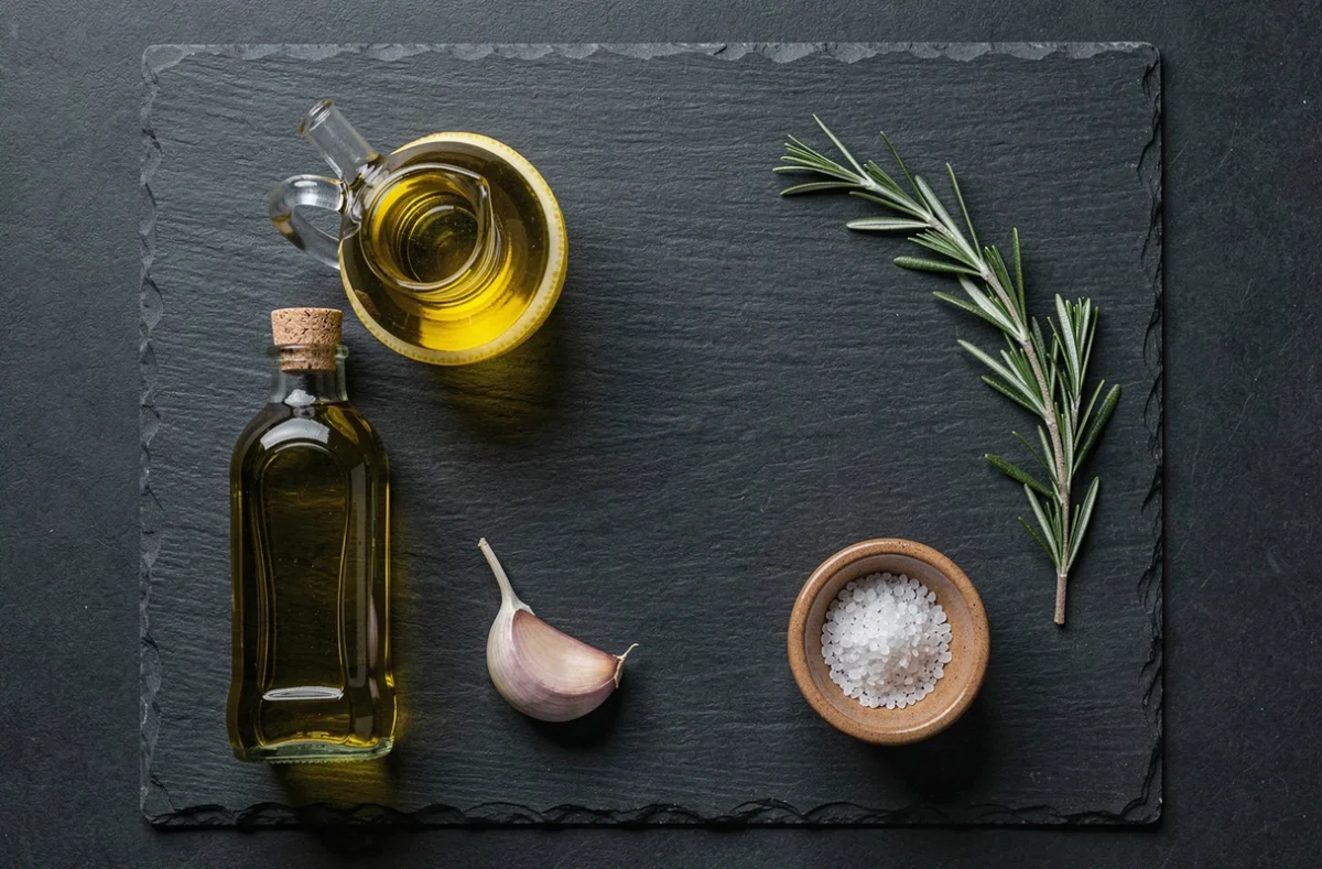 Ingrédients naturels d'une vinaigrette maison sans moutarde disposés en flat lay sur une ardoise sombre