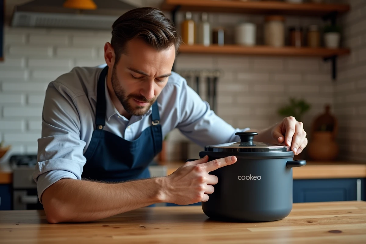 Homme inspectant le mécanisme de verrouillage du couvercle d'un Cookeo sur une table en bois