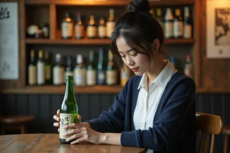 Jeune femme japonaise examine une bouteille vintage dans un bar cosy
