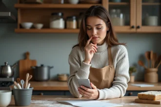 Jeune femme en cuisine avec smartphone et outils de pâtisserie