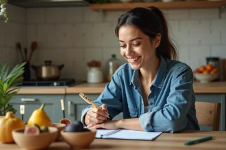 Jeune femme pointant des fruits commençant par I dans la cuisine