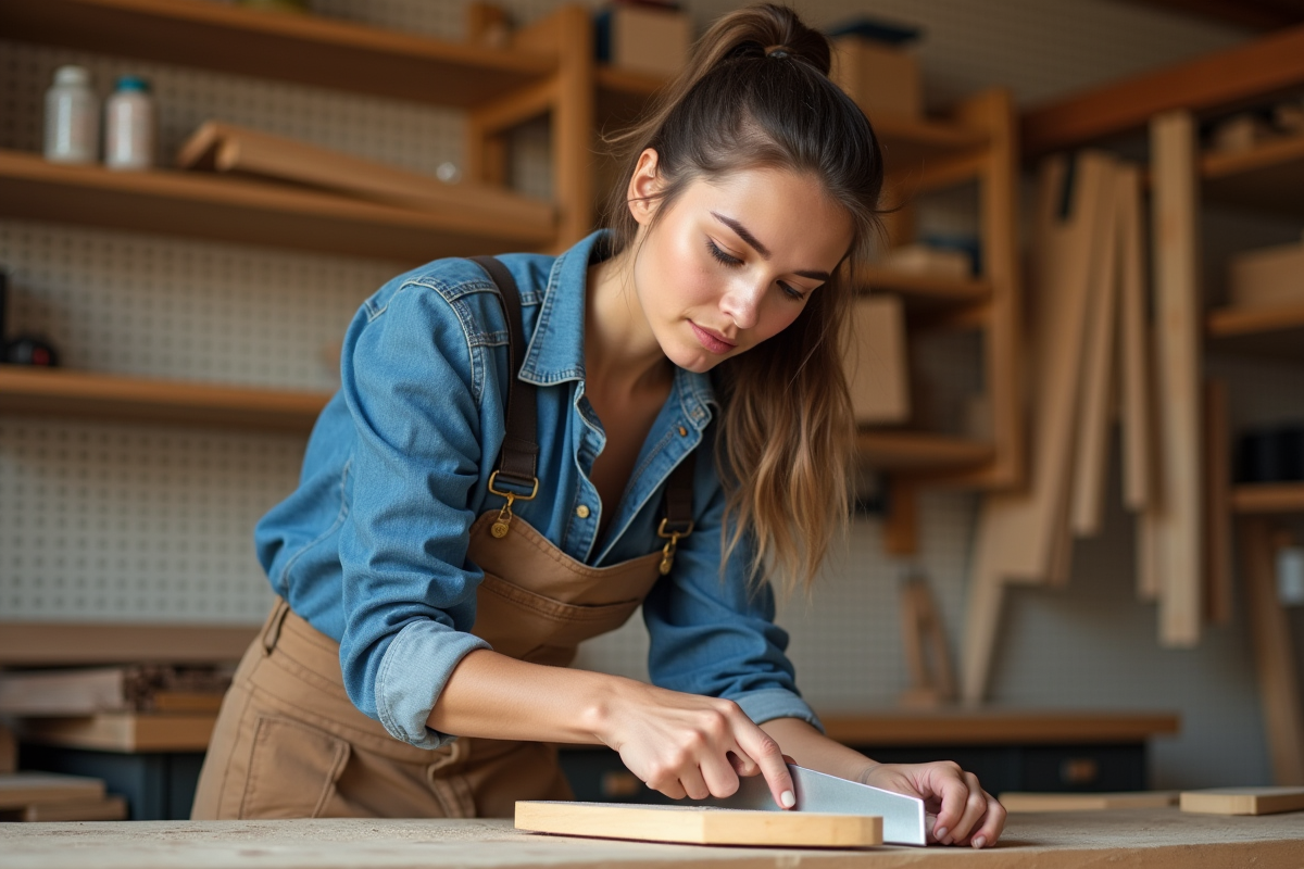 Jeune femme inspectant une gouge dans un atelier de menuiserie lumineux