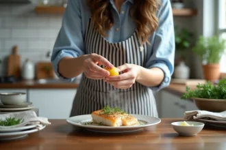 Jeune femme zestant un citron sur un filet julienne dans la cuisine