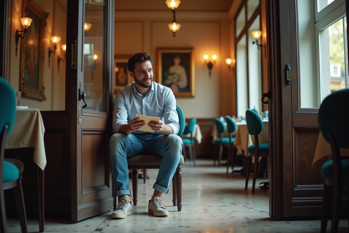 Jeune homme dans un restaurant français authentique