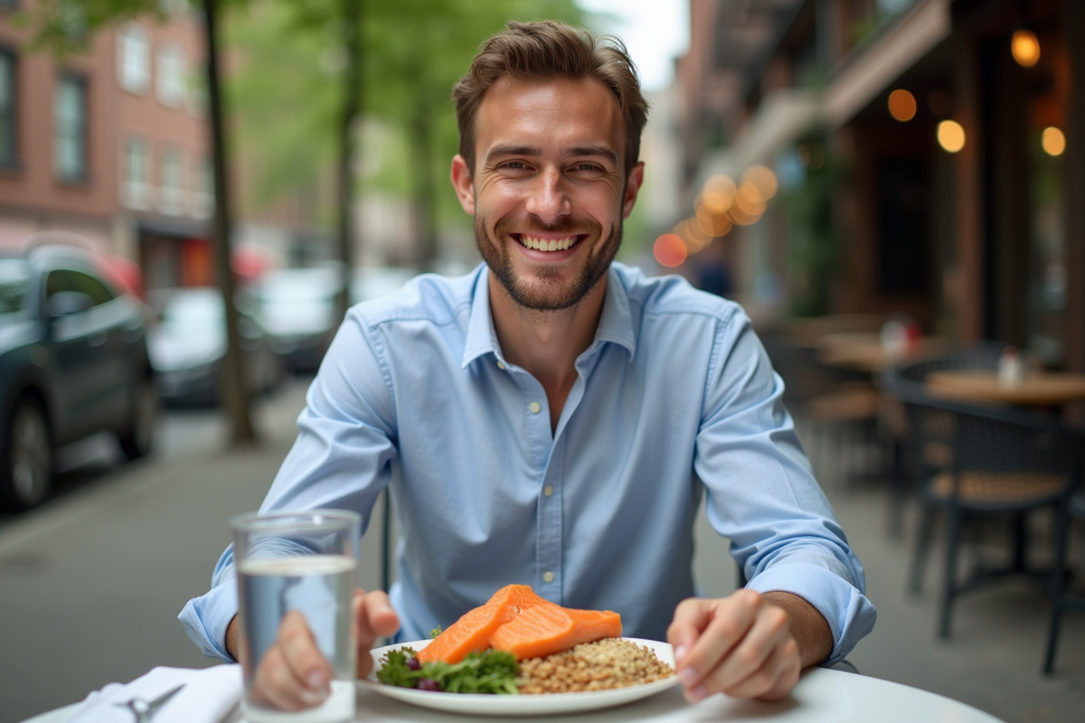 Jeune homme dégustant un repas sain en terrasse urbaine