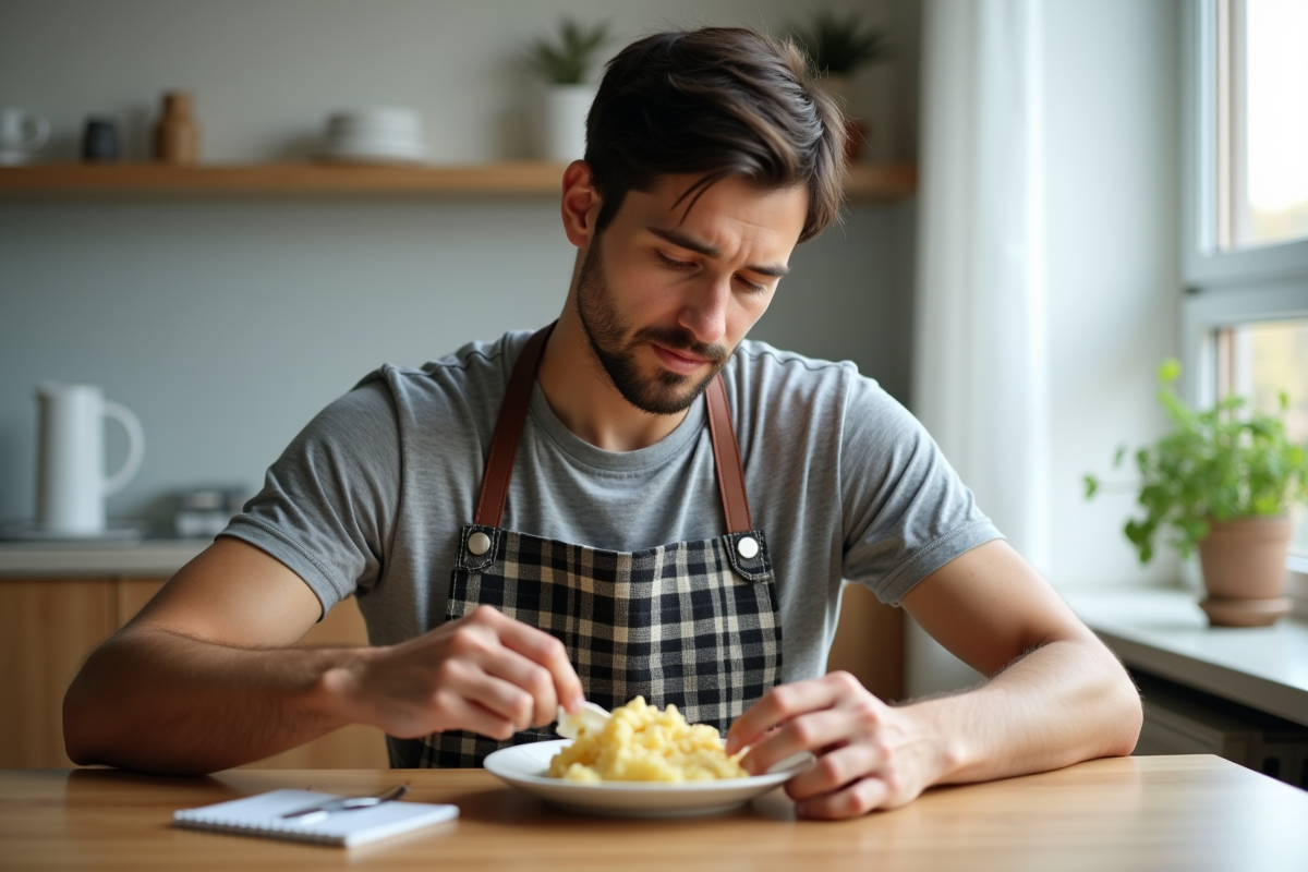 Jeune homme lisant la notice de purée instantanée à la table