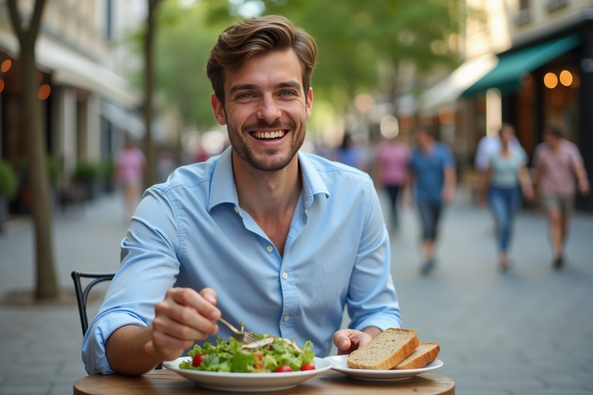 Jeune homme dégustant un déjeuner en terrasse de café urbaine