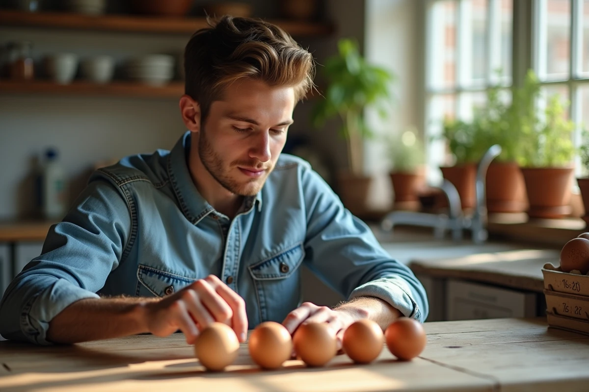 Jeune homme pointant un œuf avec code dans une cuisine rustique