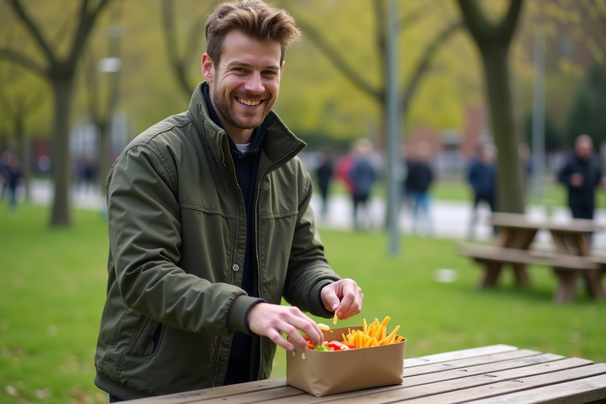 Jeune homme déballant un déjeuner sain au parc urbain