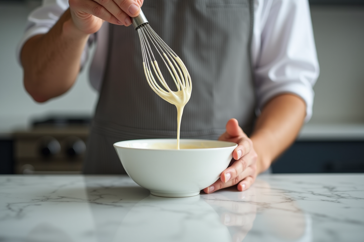 Jeune homme fouettant de la crème dans un bol en cuisine moderne
