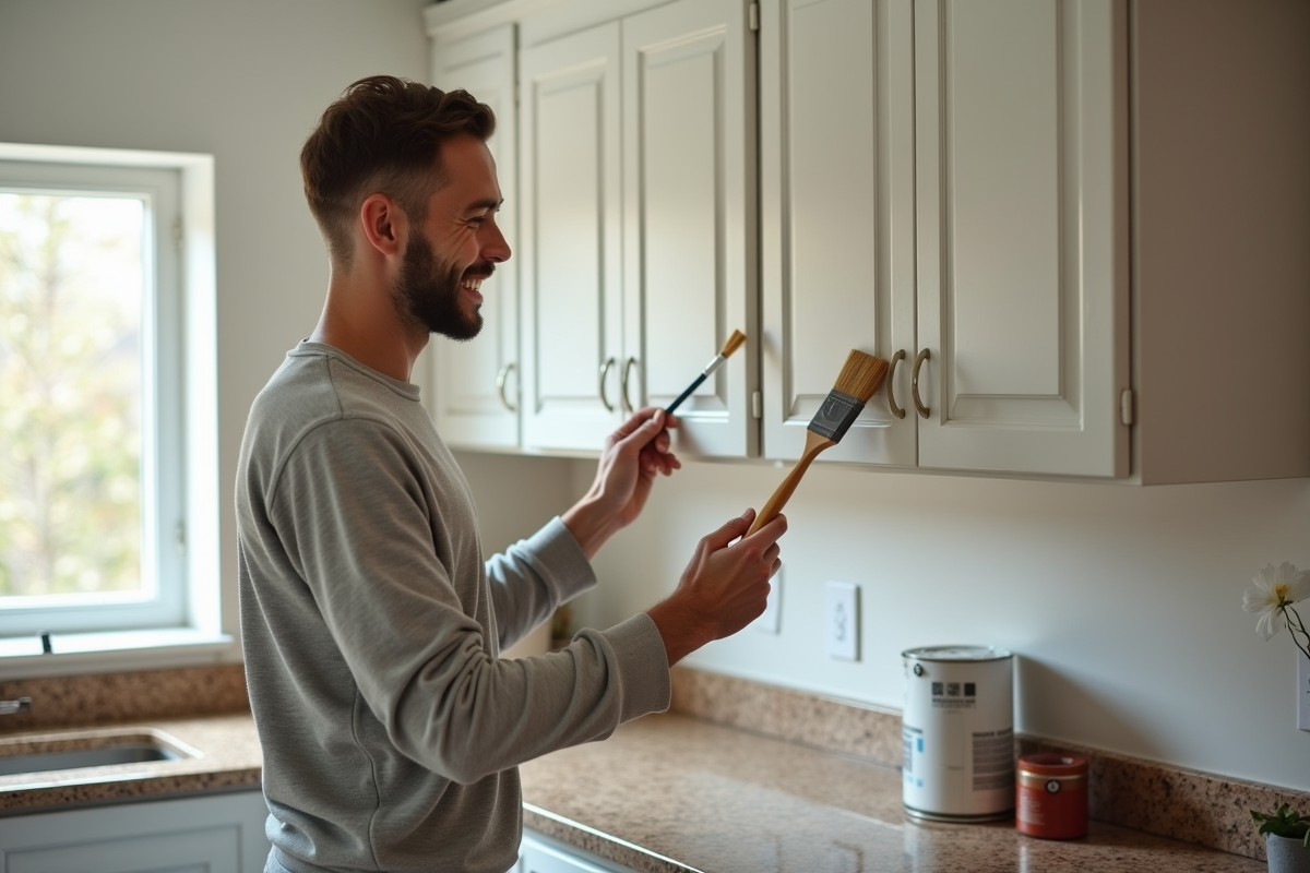 Jeune homme souriant peignant des portes de cuisine