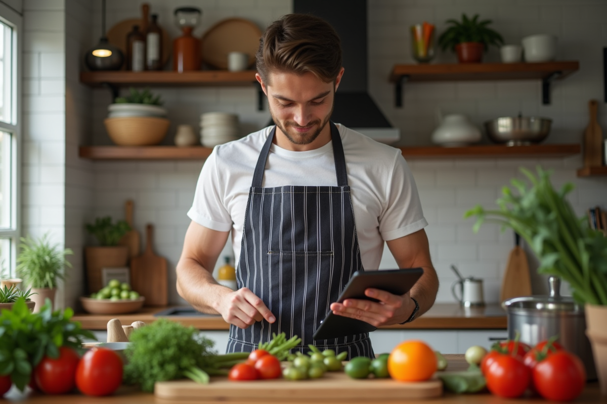 Jeune homme vérifiant une recette sur une tablette en préparant des légumes