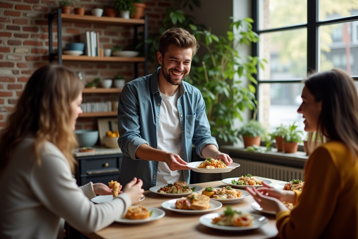 Jeune homme souriant partage un repas avec ses amis à table