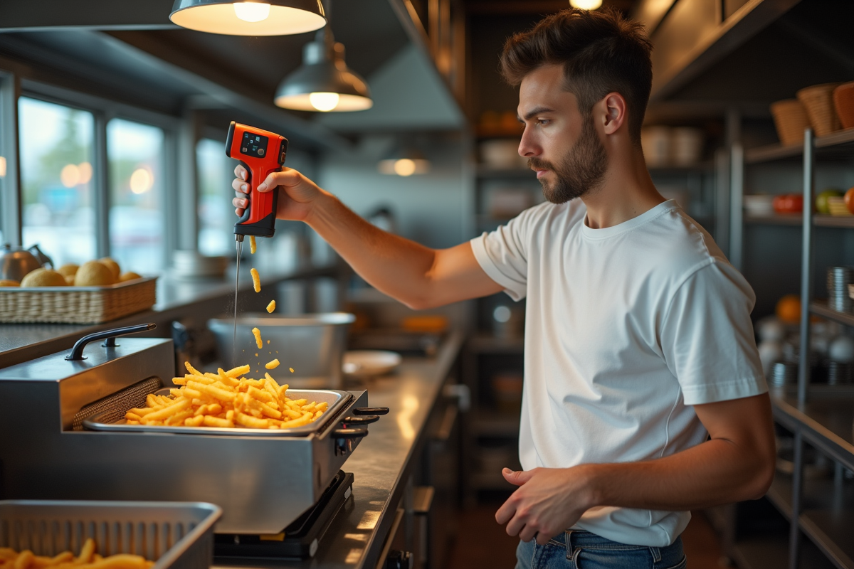 Jeune homme vérifiant la température des frites