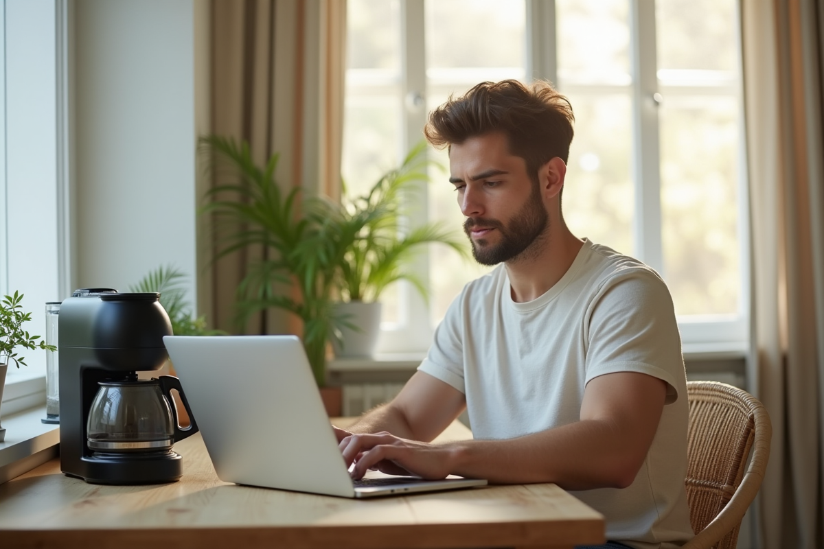 Jeune homme travaillant avec cafe dans un appartement lumineux